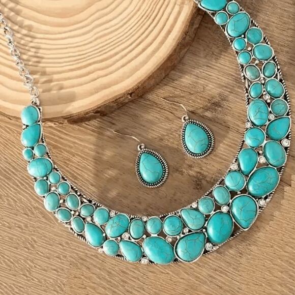 Western Boho Silver Diamond Turquoise Necklace and Earring Set - Picture 5 of 5